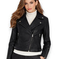 Women’s Fur Collar Black Biker Jacket shown as a classic black textured faux leather moto jacket with gunmetal hardware