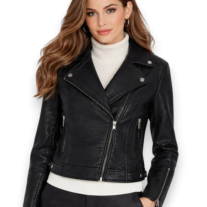 Women’s Fur Collar Black Biker Jacket shown as a classic black textured faux leather moto jacket with gunmetal hardware
