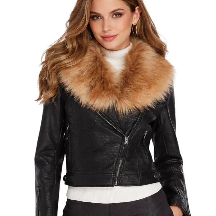 Women’s Fur Collar Black Biker Jacket featuring a detachable soft brown faux fur collar and textured black faux leather
