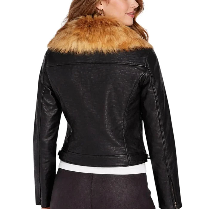 Women’s Fur Collar Black Biker Jacket featuring a detachable soft brown faux fur collar and textured black faux leather
