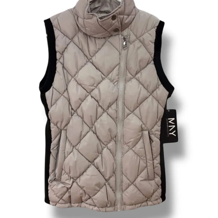 flat lay of grey diamond-quilted puffer vest front view