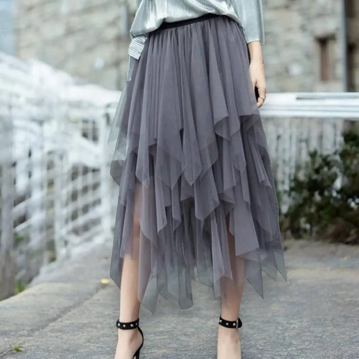 Women's Layered Tulle Midi Skirt high waist gray color