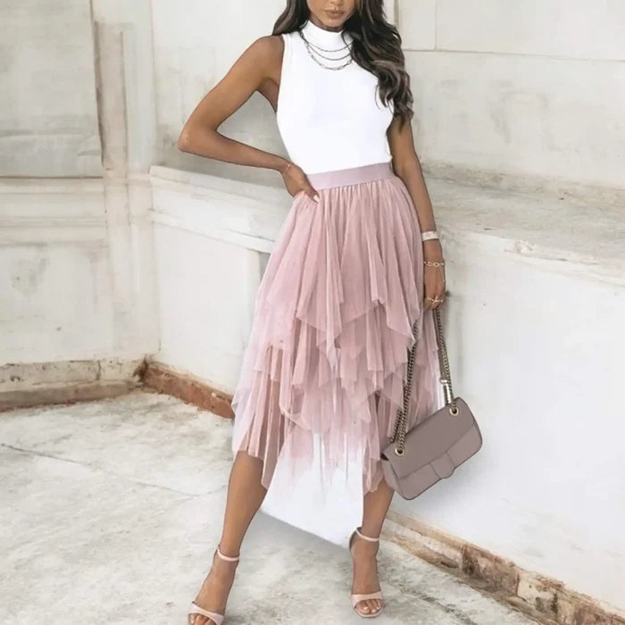 Women's Layered Tulle Midi Skirt pink high waisted