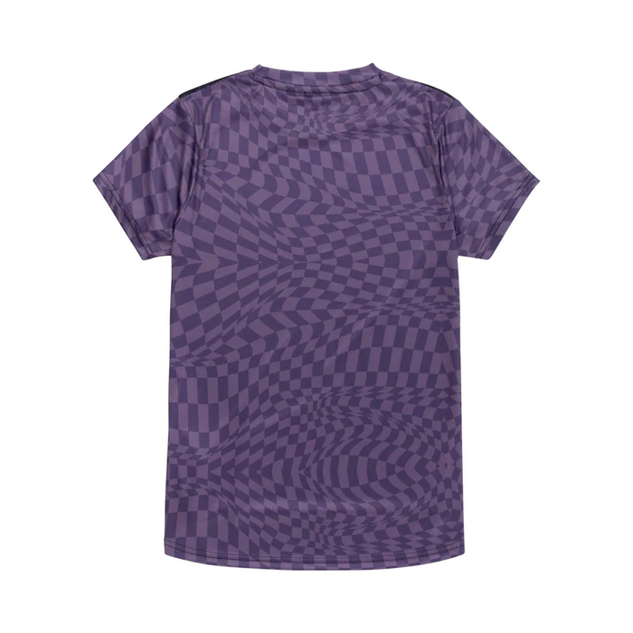 Purple t-shirt with geometric pattern on a white background