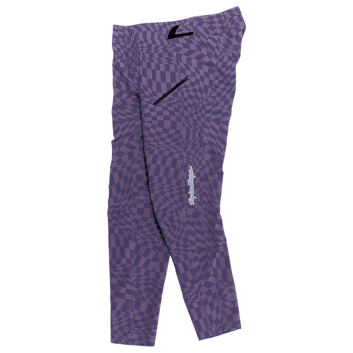 Purple patterned leggings with a brand logo on a white background