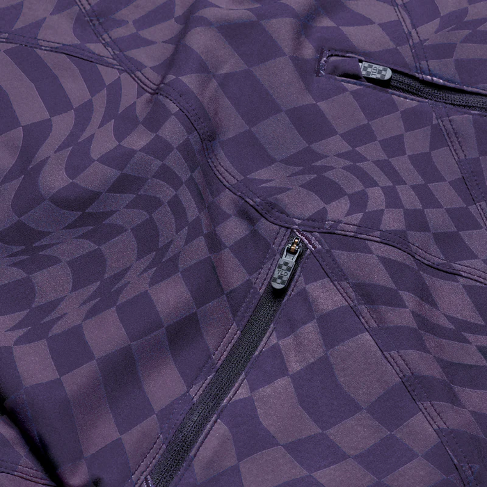 Close-up of a purple checkered jacket with zippers.