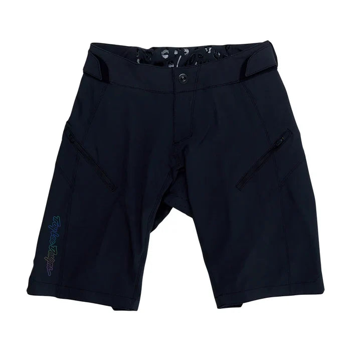 Black shorts with zippers on a white background
