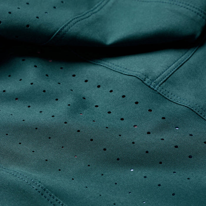 Close-up of teal fabric with small holes, likely for ventilation.