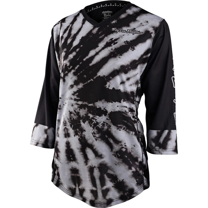 Black and white tie-dye shirt with 3/4 sleeves on a white background