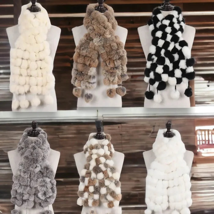 Women's Pull-Through Fur Ball Scarf rex rabbit neck wrap with fluffy pom poms