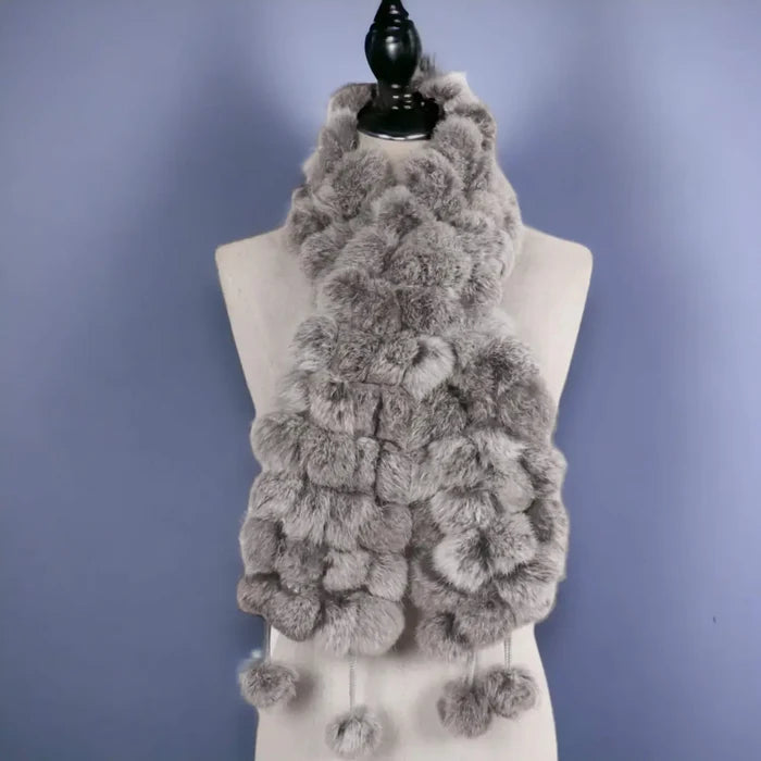 Women's Pull-Through Fur Ball Scarf rex rabbit neck wrap with fluffy pom poms