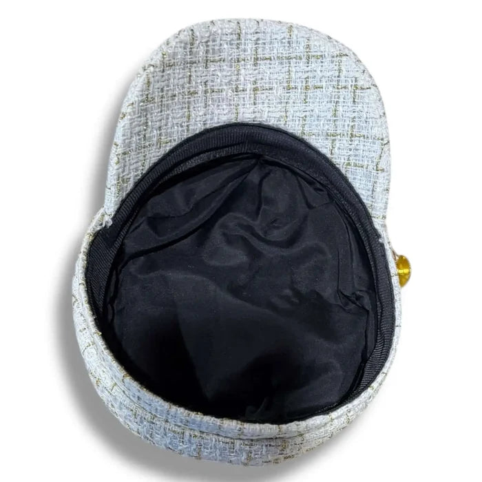 Tweed Gold Button Baker Boy Hat with gold chain trim and captain-style buttons, structured curved brim, vintage-inspired street chic design