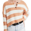 Sweater Apricot White Striped Ribbed Knit Rugby Sweater  Women's Relax Fit Large -Wild Time Fashion