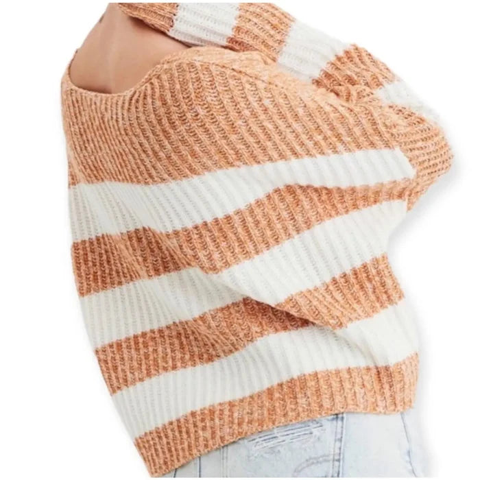 Sweater Apricot White Striped Ribbed Knit Rugby Sweater  Women's Relax Fit Large -Wild Time Fashion