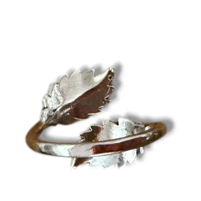 Women's Silver Double Leaf Wrap Ring with textured leaf detail and adjustable open band boho nature inspired style
