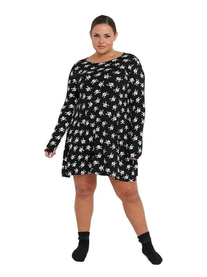 Women's Skull-Printed Black Swing Dress Costume