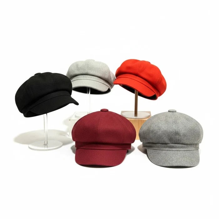 All colors in stock Women’s Solid Color Newsboy Hat with 8-panel crown and curved brim / one size