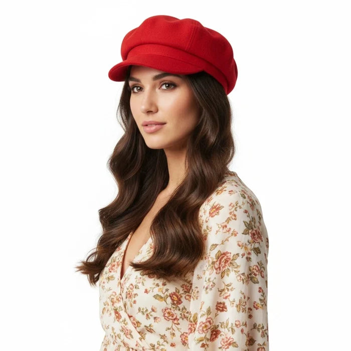 model wearing red Women’s Solid Color Newsboy Hat with 8-panel crown and curved brim / one size