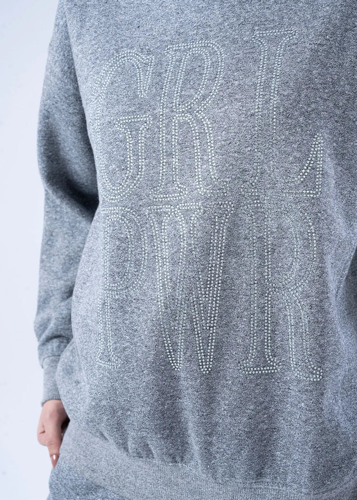 Heather grey terry sweatshirt with rhinestone-style 'LOVE' lettering