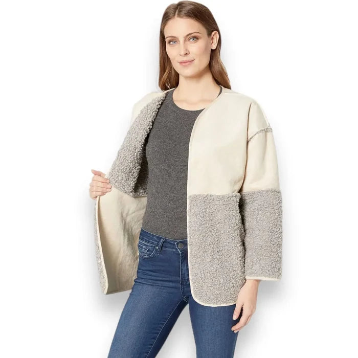 women’s tan suede grey sherpa coat with belt wrap and front pockets in size large