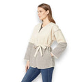 women’s tan suede grey sherpa coat with belt wrap and front pockets in size large