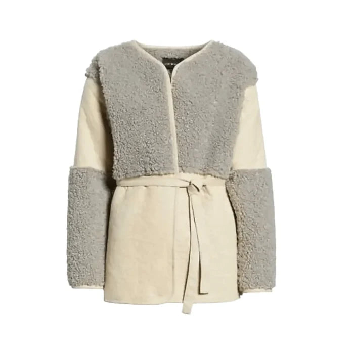 women’s tan suede grey sherpa coat with belt wrap and front pockets in size large