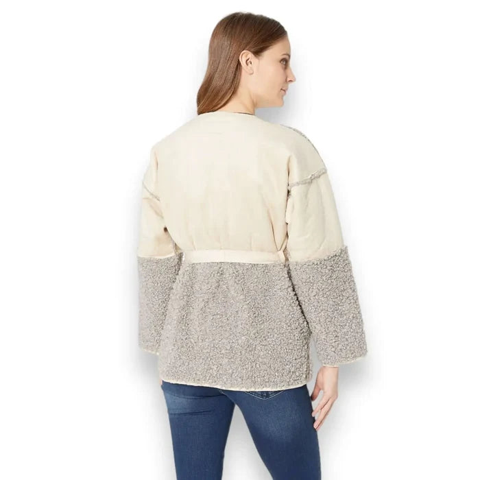 women’s tan suede grey sherpa coat with belt wrap and front pockets in size large
