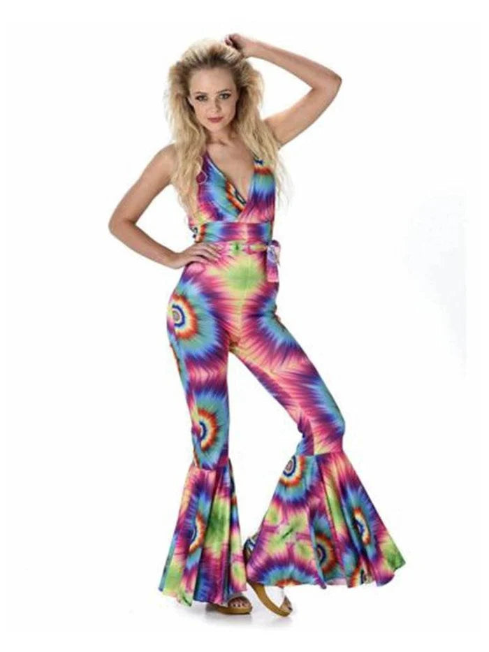 Women's Tie Dye Costume 80's Disco Party Jumpsuit - thefancydress.co.uk