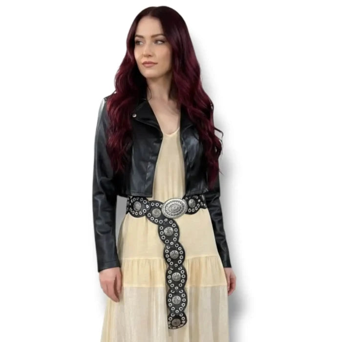 Women's wide leather disc statement belt with overlapping medallions, studs and engraved metal centerpiece
