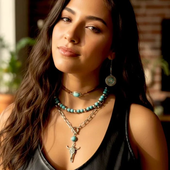 Women's Wild West Necklace Set 3pcs layered cow skull pendant turquoise beads leather choker boho western jewelry