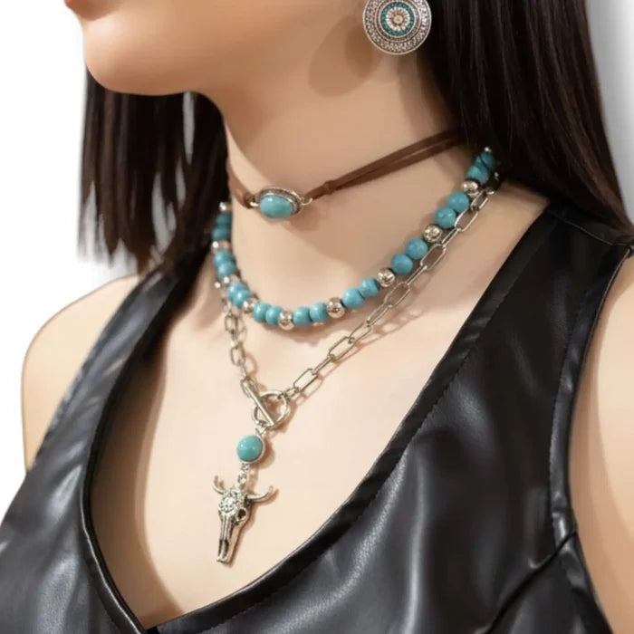 Women's Wild West Necklace Set 3pcs layered cow skull pendant turquoise beads leather choker boho western jewelry