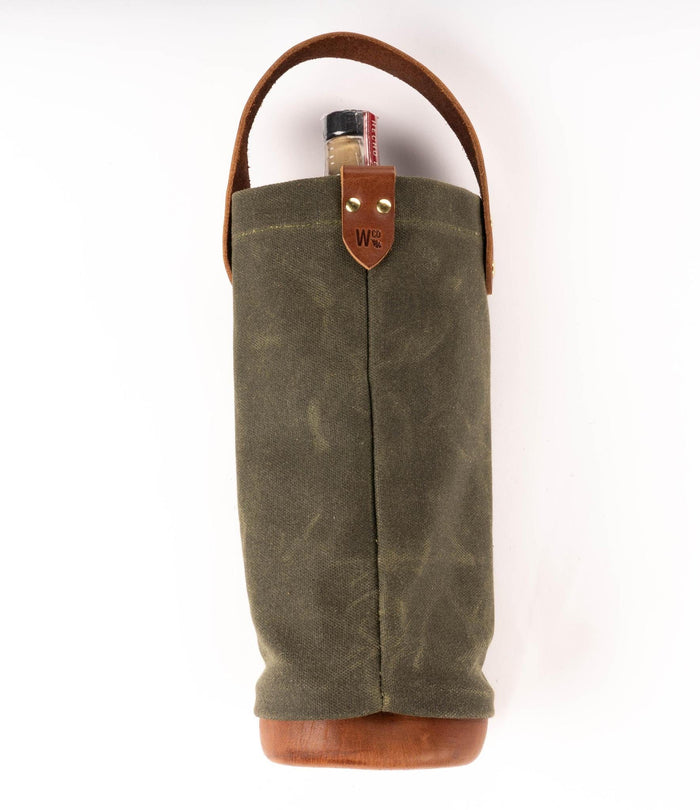 Woodley Co Single Bottle Tote Woodley Co Tan/Olive Glassware Rivers and Glen Trading Co