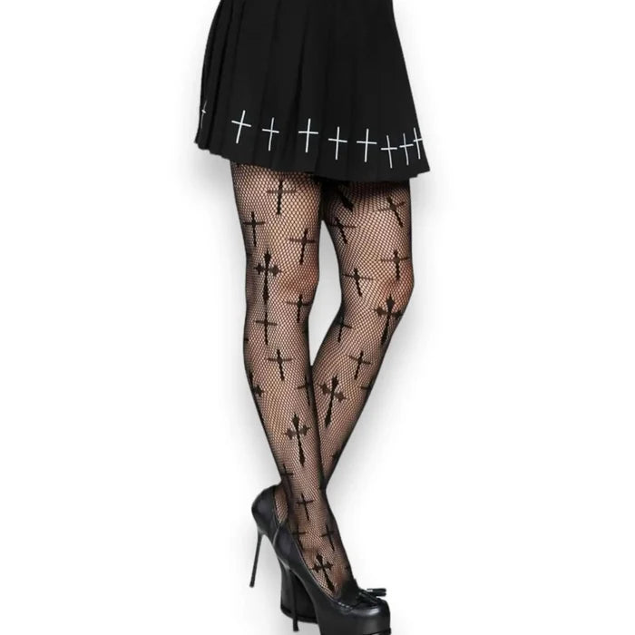 Black Worship Me fishnet tights with cross accents, small diamond mesh and stretch fit for gothic looks