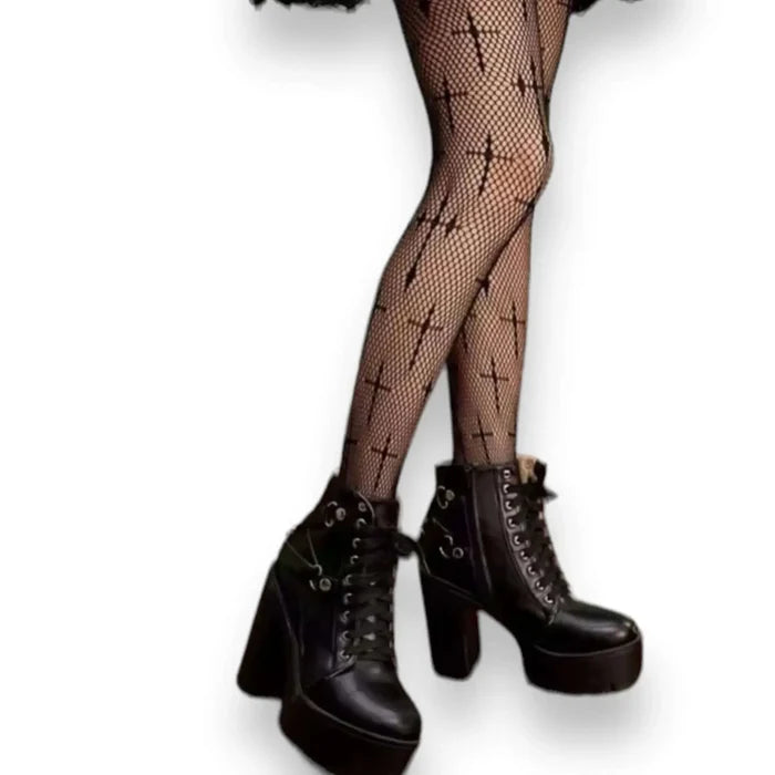 Black Worship Me fishnet tights with cross accents, small diamond mesh and stretch fit for gothic looks