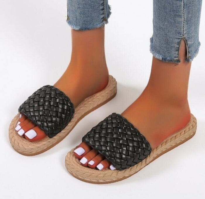 "Woven open toe flat sandals UK"

"Slip-on summer slippers for women"

"Breathable casual flat shoes for summer"

"Lightweight women’s woven sandals UK"