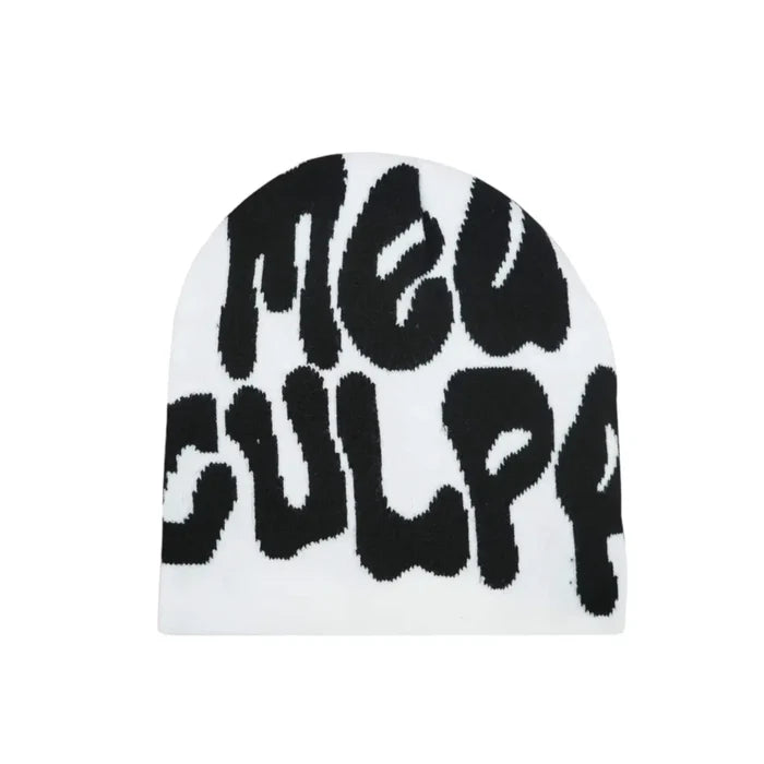 Unisex knit beanie with bold “Mea Culpa” graphic in black and white, styled as winter streetwear hat for Y2K fashion.
