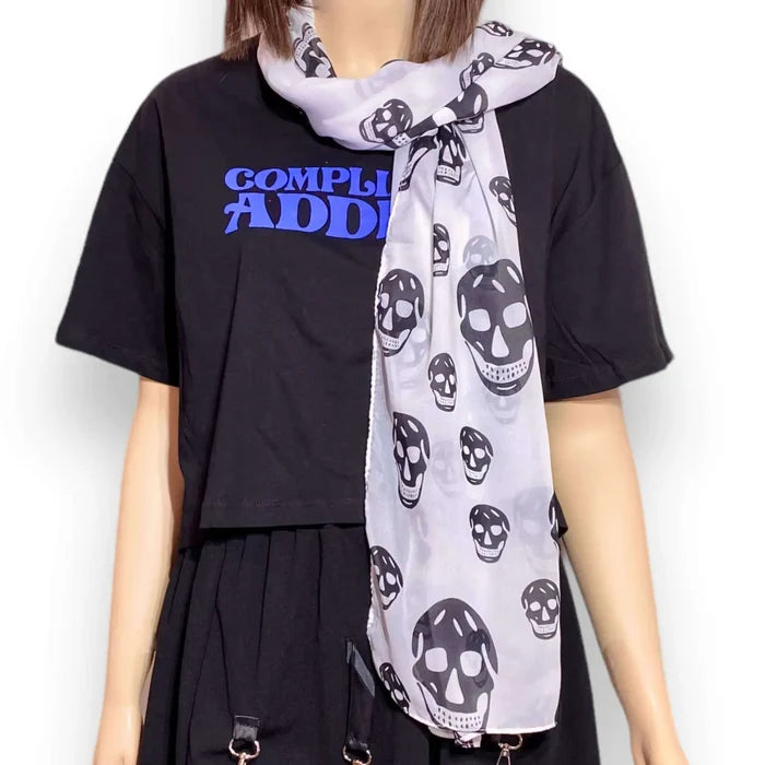 Year Round Skulls Lightweight Long Scarf in black and white skull print for gothic punk styling