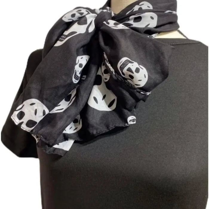 Year Round Skulls Lightweight Long Scarf in black and white skull print for gothic punk styling