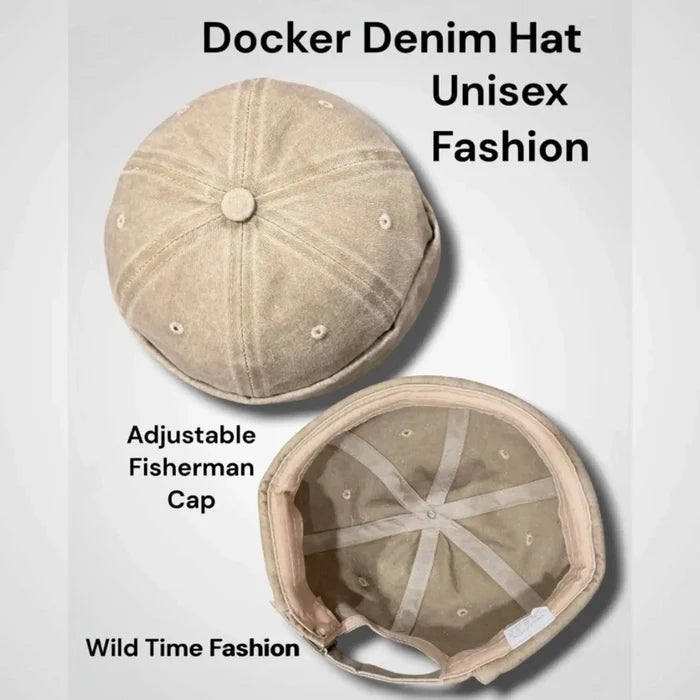 Zero-brim denim docker cap rolled cuff, stitched eyelets and adjustable back strap streetwear tan